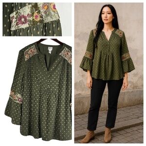 Chicos Shirt Top Tunic Blouse Sz 3 (XL 1X 16 18) Green Floral Peasant Gypsy